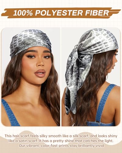 Mesovor 35” Square Head Scarf for Women, 3 Pack Like Silk Satin Headscarf Hair Neck Scarf Top Bandanas for Sleeping - color: Cashew(red/Orange Pink/Gray)