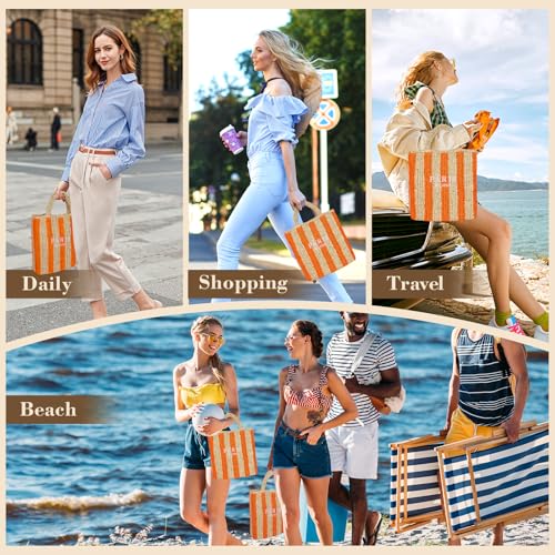 Straw Beach Bag for Women Summer Woven Tote Bag Packable Straw Purses and Handbags for Vacation Holiday - color: M-orange