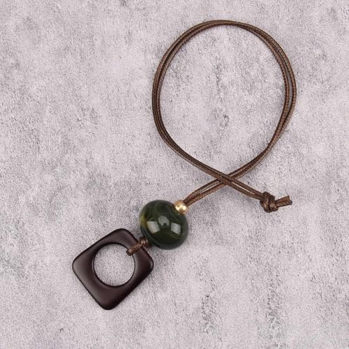 Kelake Leather Necklace for Women Men Teen Vinatge Boho Alloy Pendant Choker Jewelry Fashion Sweater Necklaces with Adjustable Genuine Leather Chain - color: Jade Bead Square Wood Pendant