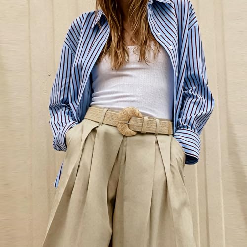 HOTWILL Women Straw Woven Belt Boho Elastic Stretch Braided Waist Belts for Summer Dresses - color: Camel_shaped Buckle