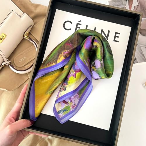 MEISEE 100% Pure Mulberry Silk Scarf 21" Square Scarf Neckerchief Headscarf Breathable Lightweight for Women Gift Packed - color: M3 Green+purple