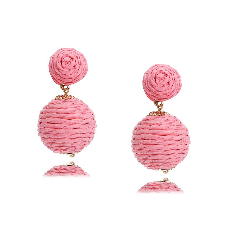 Lightweight Boho Thread Raffia Earrings for Women Handmade Braided Straw Wicker Lantern Ball Earrings Summer Beach Bohemian Geometric Earrings Holiday - color: double pink