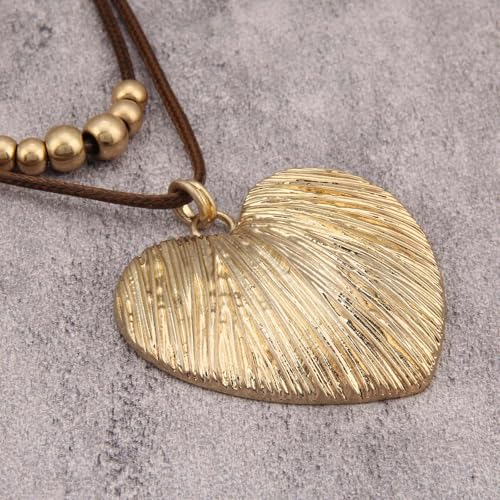 Boho Necklace for Women Adjustable Silicone Rope with Gold Beaded Pendant Chunky Handmade Vintage Jewelry - style: Heart Necklace