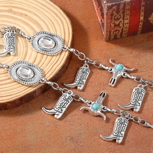 XZQTIVE Women Boho Chain Belts For Dresses Jeans Western Cowgirl Waist Links Belt Adjustable Metal Concho Belt - size: Fit Waist upto 36inches, style: Bull Buckle Silver