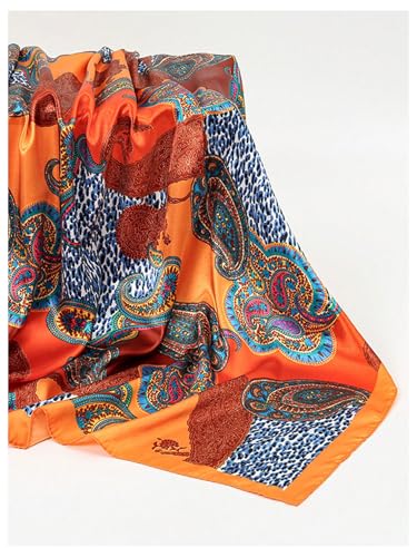 SweatyRocks Women's Printed Satin Hair Scarf Neckerchief Square Scarf Bandanas Head Wraps - color: Orange Paisley