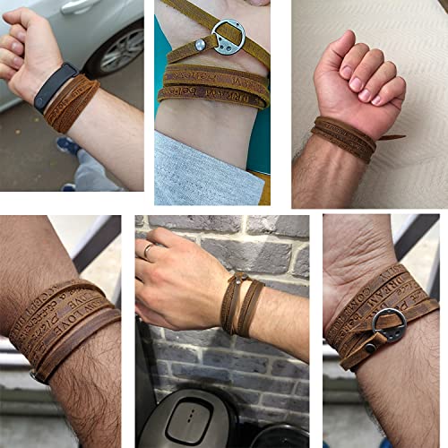 Rantanto Genuine Leather Wrap Bracelets Trendy Western Stackable Cuff Adjustable Boho Layered Bracelet Jewelry For Men Women - color: Brown Stamped Words