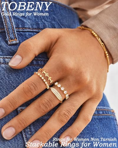 TOBENY Stackable Gold Rings for Women Non Tarnish Dainty 14K Gold Plated Stacking Cubic Zirconia Thumb Ring Set Trendy Statement Promise Wedding Bands Engagement Rings for Women Size 6 7 8 9 10 - color: 05-4Pcs Stacking Rings