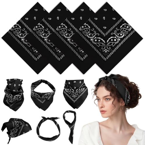 PLULON Bandanas for Men Women 4/12/24/30 Pack, Paisley Pattern Bandana Bulk Headbands Handkerchief Face Mask 100% Polyester - color: Black