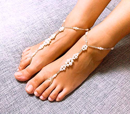 JEWSUN 2 PC Wedding Barefoot Sandals-Bridal Barefoot Sandals-Foot Jewelry-Wedding Sandals-Footless Sandals-Slave Anklet-Wedding Accessories-Beaded Sandles