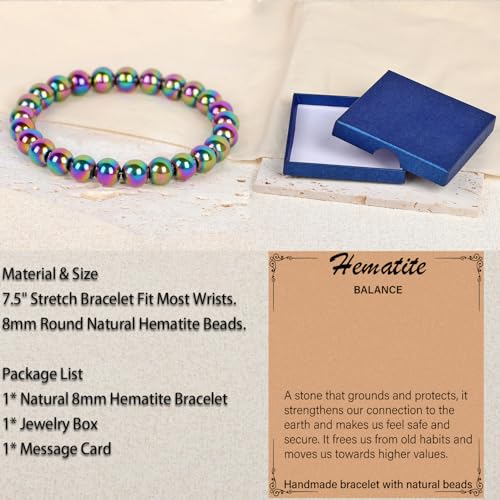 LPBeads Handmade Natural Gemstone Stretch Elastic Bracelet Healing Crystal Round Stone Beads Jewelry Gifts for Women Men - color: Rainbow Coated Hematite, size: 8mm