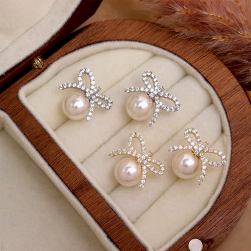 Pearl Earrings for Women, Trendy Dainty Cubic Zirconia Piercing Hypoallergenic CZ Earring Prom Holiday Fashion Jewelry Gift. - color: Gold Pearl