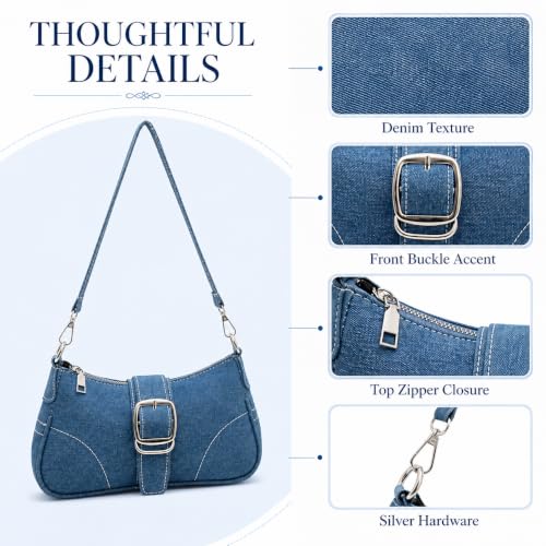 QZUnique Women Denim Mini Bucket Bag Crossbody Purse Shoulder Handbag Drawstring Quilted Tassel Barrel Shape Satchel Tote Bag - color: Hobo Blue