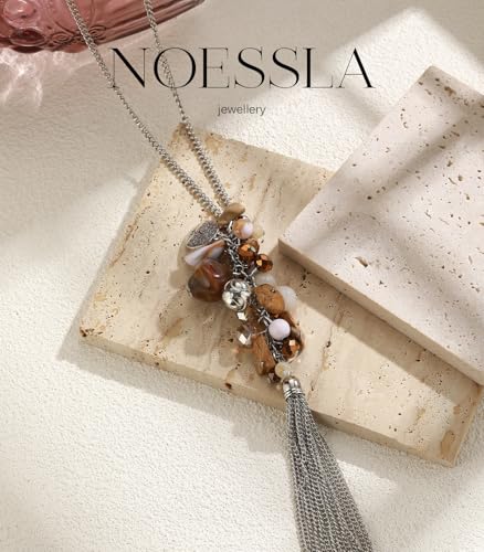 Noessla Boho Long Pendant Necklaces for Women Silver Tassel Long Necklace Sweater Chain Mothers Day Gifts Silver Costume Jewelry for Women - color: Brown