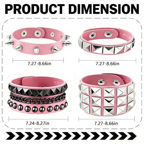 Handmade Black Leather Wrap Studded Bracelets for Women Men, 4Pcs Vintage Punk Wrist Cuff Bangle Wristband Emo Jewelry Gifts - style: Pink Square Stud Style