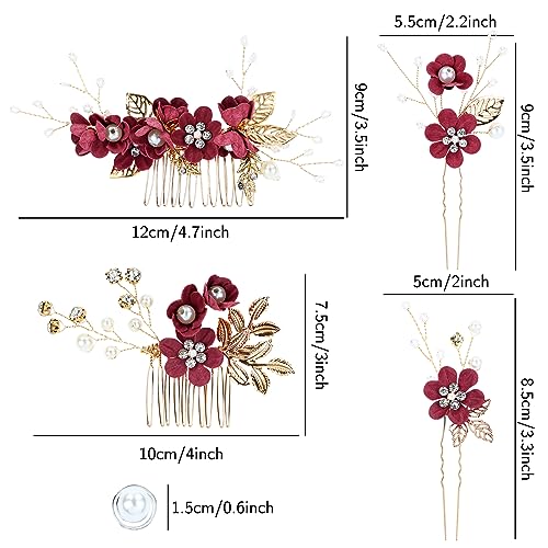 inSowni 20 Pack Classic White Dusty Pink Blue Flower Bridal Wedding Hair Side Combs+U-shaped Flower Hair Pins+Twist Spiral Pearl Hair Pins Pieces Headpieces Accessories for Brides Bridesmaids Women - color: Wine Red