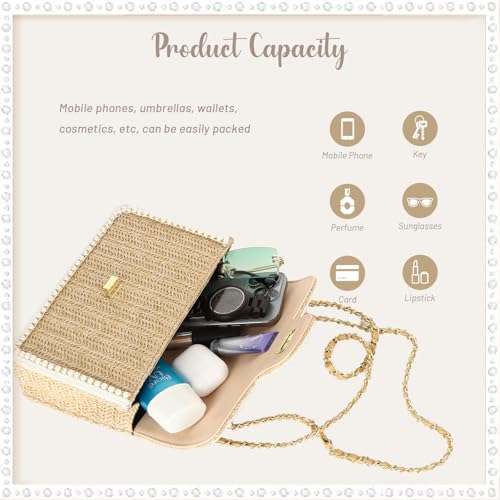 Fecialy Straw Crossbody Bags for Women Summer Straw Beach with Pearls Raffia Shoulder Handbags - color: Brown