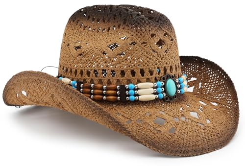 Straw Cowboy Hat, Western Cowgirl Hat, Wide Brim Sun Beach Hat for Men and Women - color: Khaki-m20