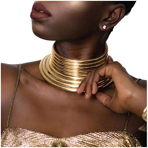African Choker Collars Necklace,Snap Egypt Punk Gothic Chunky Leather Bib Statement Necklaces for Women and Girls - color: Gold Set