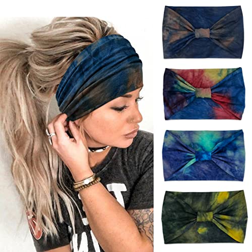 YONUF Wide Boho Headbands for Women Fashion Knotted Headband Yoga Workout Hair Accessories African Head Wrap Blue Tie Dye 4 Pack - color: Blue Tie Dye