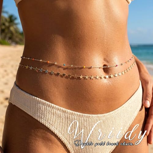 Waist Chain Silver Star Belly Chains Gold Beads Women Crystal Sequins Body Jewelry for Pants and Swimsuits - style: silver-star 2