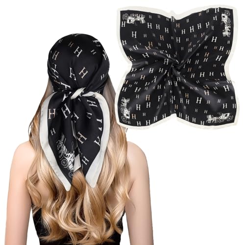 Relang Fashion Silk Satin Head Scarf for Women Hair Bandana Hair Scarf Wrap Neck Scarf for Women 27.5×27.5 inches - color: Black&white