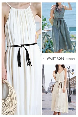 TeeYee Waist Belt Woven Knitted Rope/Chain PU leather 3 Pieces Tassel Rope Skinny Belt - color: 100blackkhakicoffee