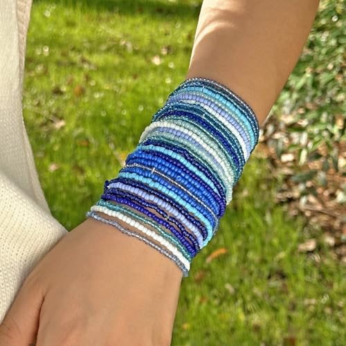 30Pcs Elastic Beaded Bracelets Set Bohemia Multilayer Stackable Seed Beaded Stretch Bracelet Anket Colorful Crystal Glass Beads Wristbands for Women Summer Beach Boho Jewelry Gifts - color: Blue