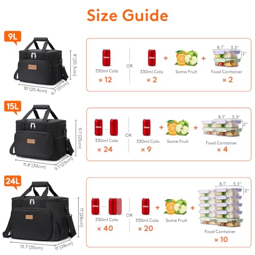 Lifewit Medium Lunch Bag, Insulated Lunch Box, Soft Cooler Cooling Tote for Adult Men Women, Black 12-Can (9L) - color: Black, size: Medium(9L)