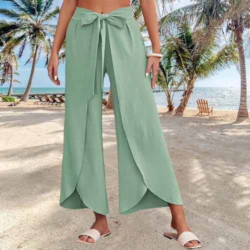 Wide Leg Tie Belted Linen Capri Pants for Women Casual High Waist Irregular Split Hem Palazzo Cropped Trousers - color: Green, size: Medium