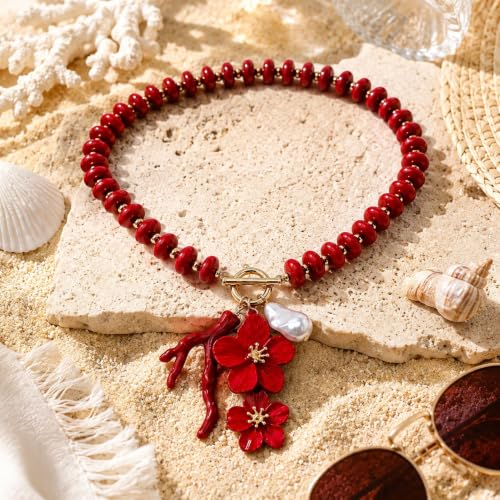 Red Beaded Necklace for Women Choker Gold Toggle Clasp Layered Stack Dainty Statement Western Boho Trendy Summer Vacation Necklaces Birthday Jewelry Gifts - color: C2:Red Beaded Necklace