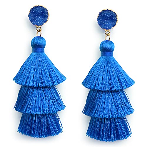 Me&Hz Colorful Layered Tassel Earrings Bohemian Statement Tiered Tassel Big Dangle Drop Earrings for Women Druzy Studs Valentine’s Day Gift - color: Blue