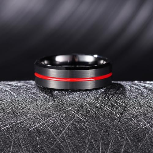 King Will Mens Tungsten Rings for Men Two Tone Grooved Mens Wedding Band Cool - color: Black & Red