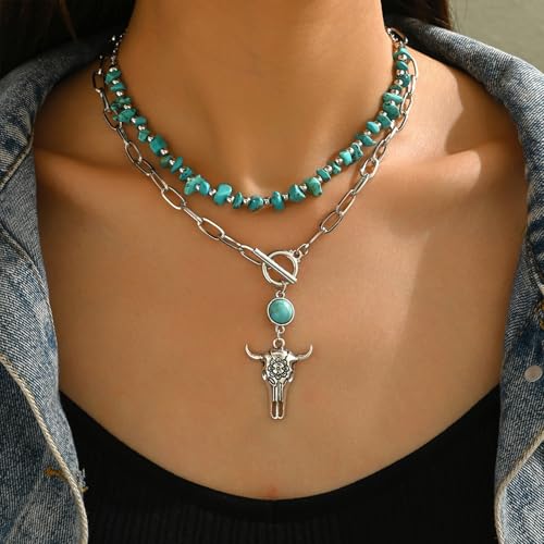 Layered Boho Necklaces for Women Gold Coin Pendant Necklaces Stackable Turquoise Choker Necklace for Women Western Jewelry - style: Style 6