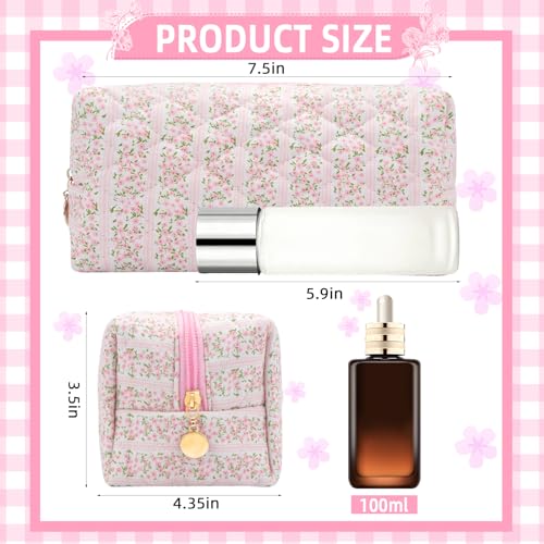 Small Makeup Bag Quilted Cosmetic Bag Floral Travel Toiletry Bags for Women Cute Pencil Case Quilted Makeup Pouch Aesthetic Coquette Cosmetic Pouch Cotton Make Up Bags Cute Zipper Pouches Pink - color: Aa-pink flower