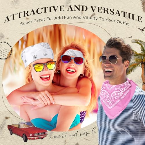 Suhine 12 Pcs Bandanas Bulk for Women Men 22 x 22 Inch Paisley Headband Cowboy Handkerchief Summer Beach Party Costume - color: Pink and White