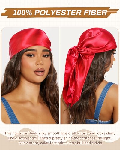 Mesovor 35” Square Head Scarf for Women, 3 Pack Like Silk Satin Headscarf Hair Neck Scarf Top Bandanas for Sleeping - color: Bright Red + Burgundy + Black