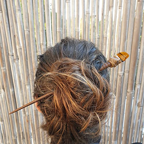 Natural Tumbled Healing Gemstone Crystal Wooden Hair Stick Handmade Gifts Boho Reiki by Smoky Quartz (Tiger Gold) - color: Tiger Gold
