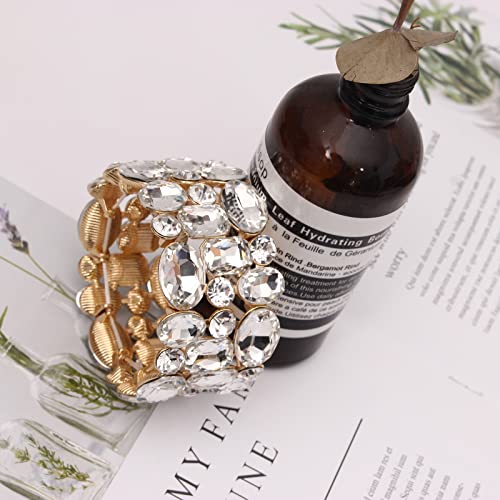 Women’s Wedding Bridal Crystal Leaf Flower Stretch Bangle Elastic Wide Bracelet Jewelry for Brides Bridesmaid - color: White-Gold Plated