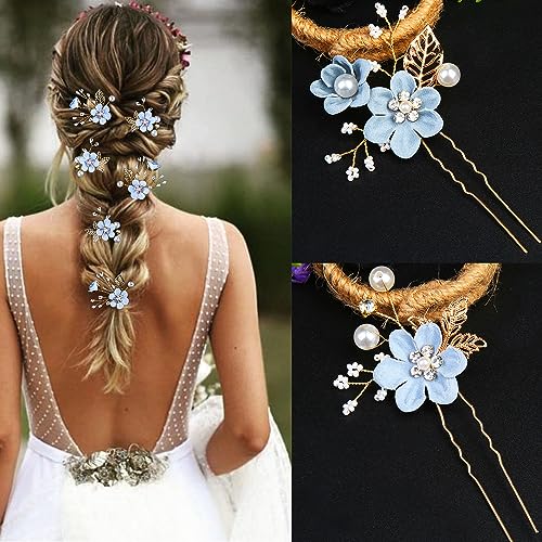 6 Pieces Bridal Flower Wedding Hair Pins Crystal Pearl Hair Pins Clips Headpiece Gold Wedding Hair Accessories Jewelry with Rhinestone for Brides Bridesmaids Women Girls Updo (Special Cream Blue) - color: Special Cream Blue