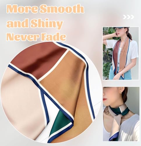kcctoo 59” Long Silk Like Head Scarf Women's Fashion Square Neck Satin Scarfs for Bag Hair Scarves Gift 59 * 5.9” - color: F1 Green Coffee 4 Color Splicing 59" X 5.9"