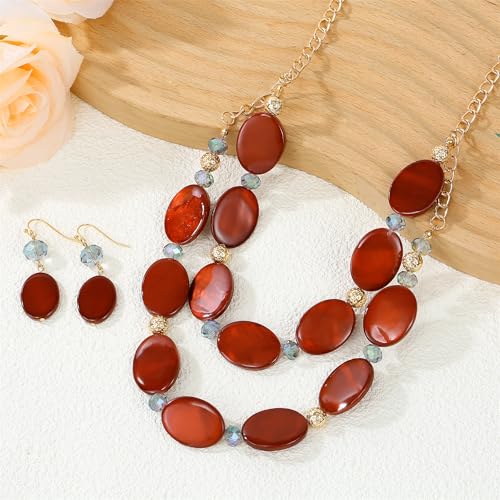 2 Layered Chunky Beaded Shell Necklace for Women Sea Shell blue/yellow/red/green/turquoise/teal/white Statement Necklace and Earring Set Elegant Women Necklace Set Jewelry Sets for Women - color: burnt orange