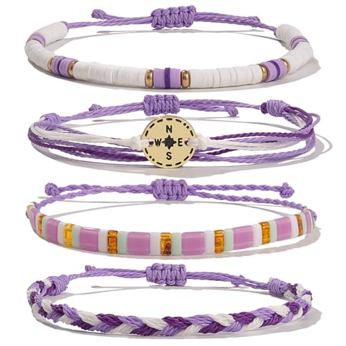 FANCY SHINY Boho Nautical Compass String Bracelets Beaded Clay Beads Bracelet Stackable Friendship Bracelets Summer Beach Outfits for Women Girls - color: Purple