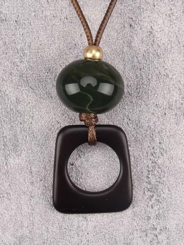 Kelake Leather Necklace for Women Men Teen Vinatge Boho Alloy Pendant Choker Jewelry Fashion Sweater Necklaces with Adjustable Genuine Leather Chain - color: Jade Bead Square Wood Pendant