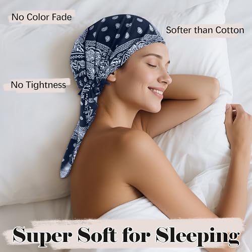 Ababalaya Chemo Headwear for Women Softer Headcover with Longer Tails, Breathable Skull Cap Non-Slip Sleep Beanie - color: Bluepaisley
