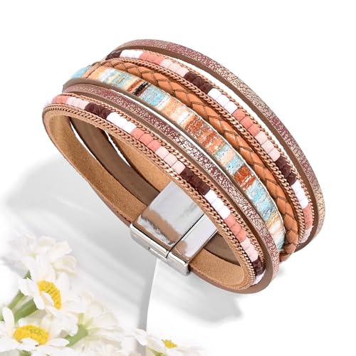 VIBILIA Boho Leather Wrap Bracelets for Women Multi-Layer Bracelets with Strong Clasp Jewelry for Women - color: 03-BohoBraid-Khaki