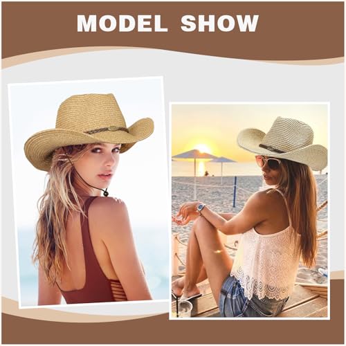 Straw Cowboy Hats Western Cowgirl Hat for Holiday Woven Beach Sun Hat with Shapeable Wide Brim Cowboy Hat for Women/Men - color: Khaki