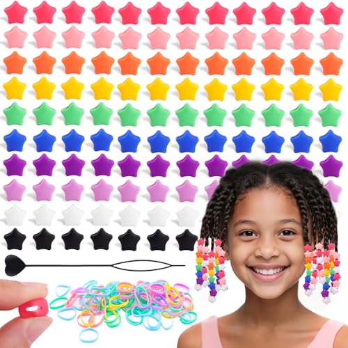 150Pcs Star Shaped Silicone Hair Beads for Braids, 5mm hole Soft Pony Beads Bulk, Multi-color Hair Jewerly Accessories Kit with 60 Rubber Bands and 1 Beader for Braids,DIY Bracelets and Crafts - color: Star-Multicolor-150pcs