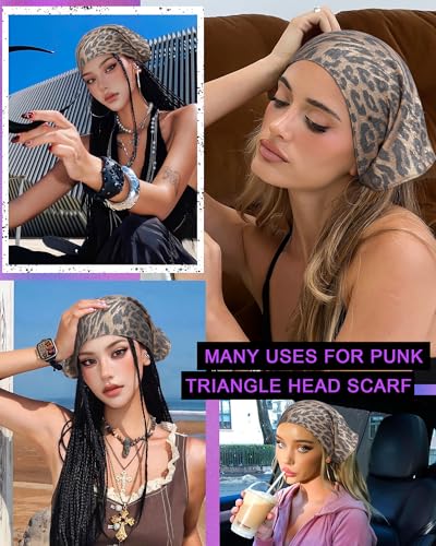 Punk Triangle Head Scarf with Metal Charms - Y2K Sparkly Bandana for Women | Vintage Neck Scarf for Festival Party Concert - color: Khaki Leopard