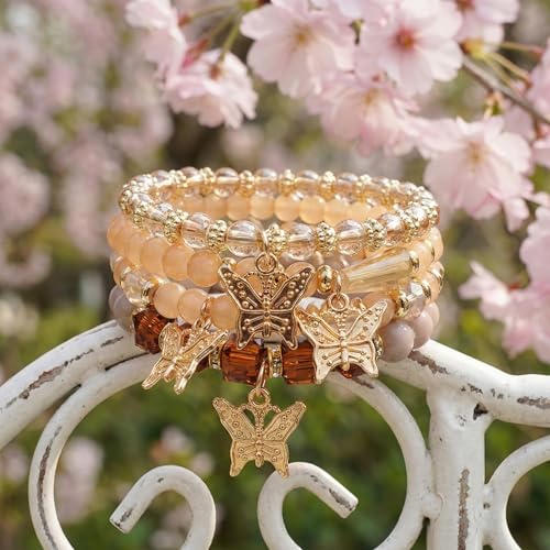 Bohemian Bracelet Sets for Women - 4-Pack Stackable Stretch Bead Bracelets with Black＆White Crystal & Gold Accessories, Multi-Layer Boho Jewelry - color: orange butterfly