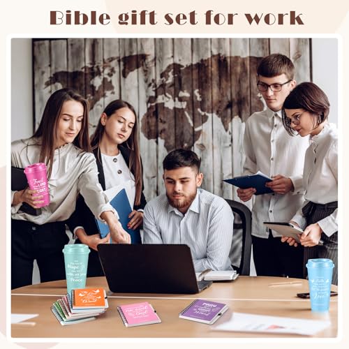 Skylety 12 Set/ 48 Pcs Christian Gifts for Women Men Religious Gift Set 16 oz Bible Scripture Cups with Lids Mini Spiral Notebooks Pens Keychains for Mother Father Birthday(Soft Color) - color: Soft Gradient